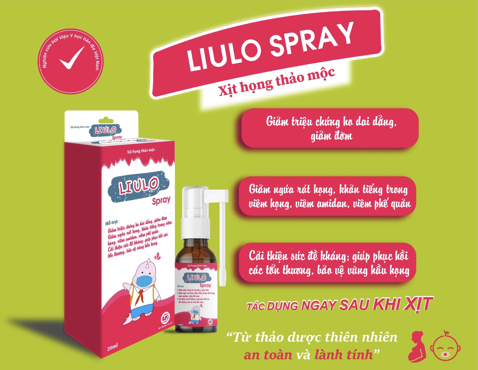 XỊT HỌNG LIULO SPRAY - PHÒNG VÀ HỖ TRỢ ĐIỀU TRỊ HO DAI DẲNG, ĐAU RÁT HỌNG Ở TRẺ NHỎ