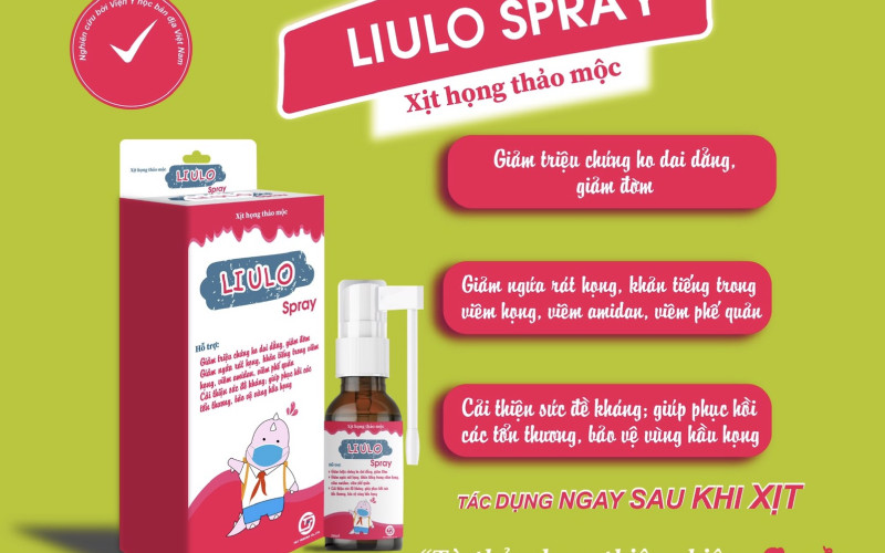 Xịt họng thảo mộc LIULO Spray - Hỗ trợ giảm triệu chứng ho dai dẳng, giảm đờm, giảm ngứa rát họng, khản tiếng trong viêm họng, viêm amidan, viêm phế quản. Cải thiện sức đề kháng giúp phục hồi các tổn thương, bảo vệ vùng hầu họng. Chai xịt 20 ml